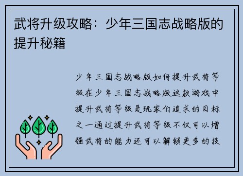 武将升级攻略：少年三国志战略版的提升秘籍