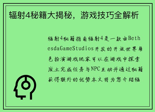 辐射4秘籍大揭秘，游戏技巧全解析